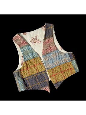 Handmade Vest Reversible Open Front Plaid Floral Vintage Patchwork Style Retro